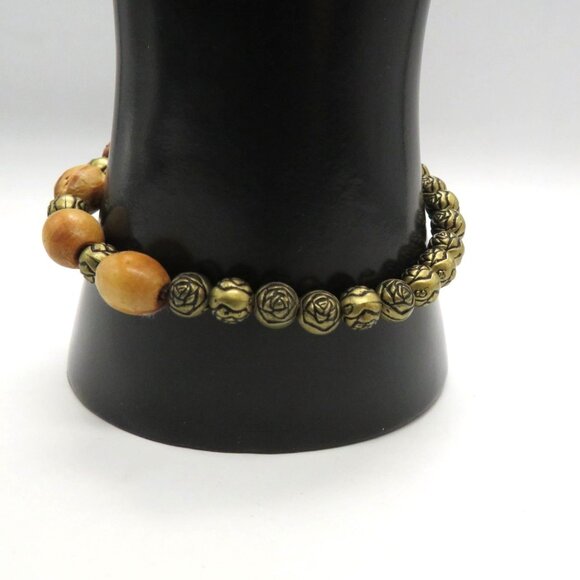 Beaded Bracelet Natural Wood Metal Beads Rose Embellished Brass Tone Stretch - Picture 2 of 5